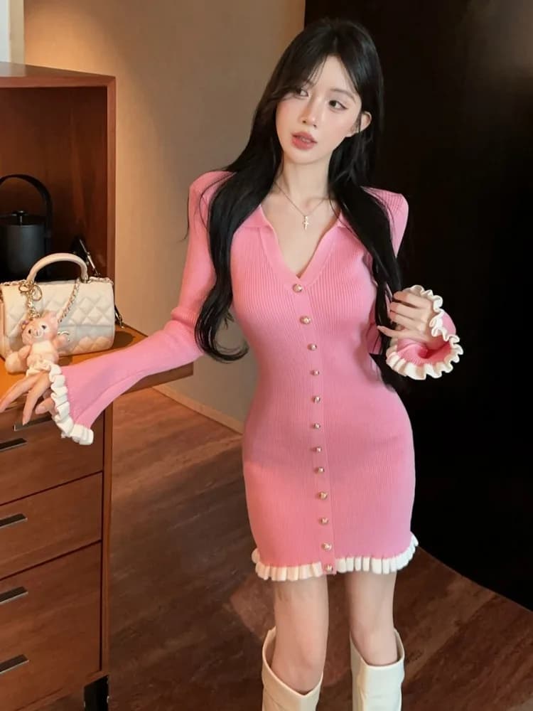 Sexy Pure Desire Pleated Dress with Wood Grain Slim Fit Short Skirt with Flower Sleeve Single Button Korean Style Commute