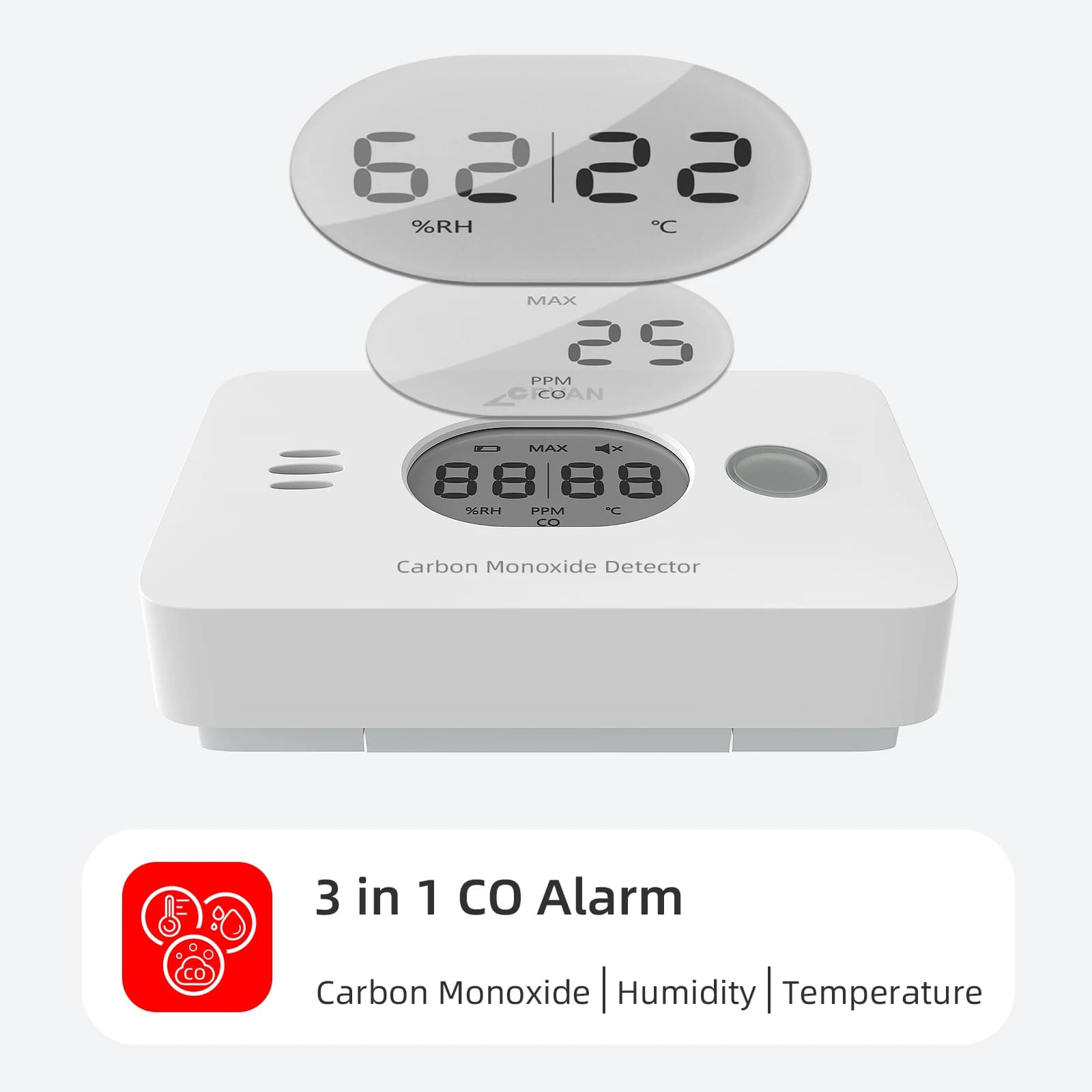Rilevatore di monossido di carbonio CPVAN 3 in 1 conforme a EN50291 con sensore di temperatura e umidità per allarme CO di sicurezza per roulotte, cucina e camper.