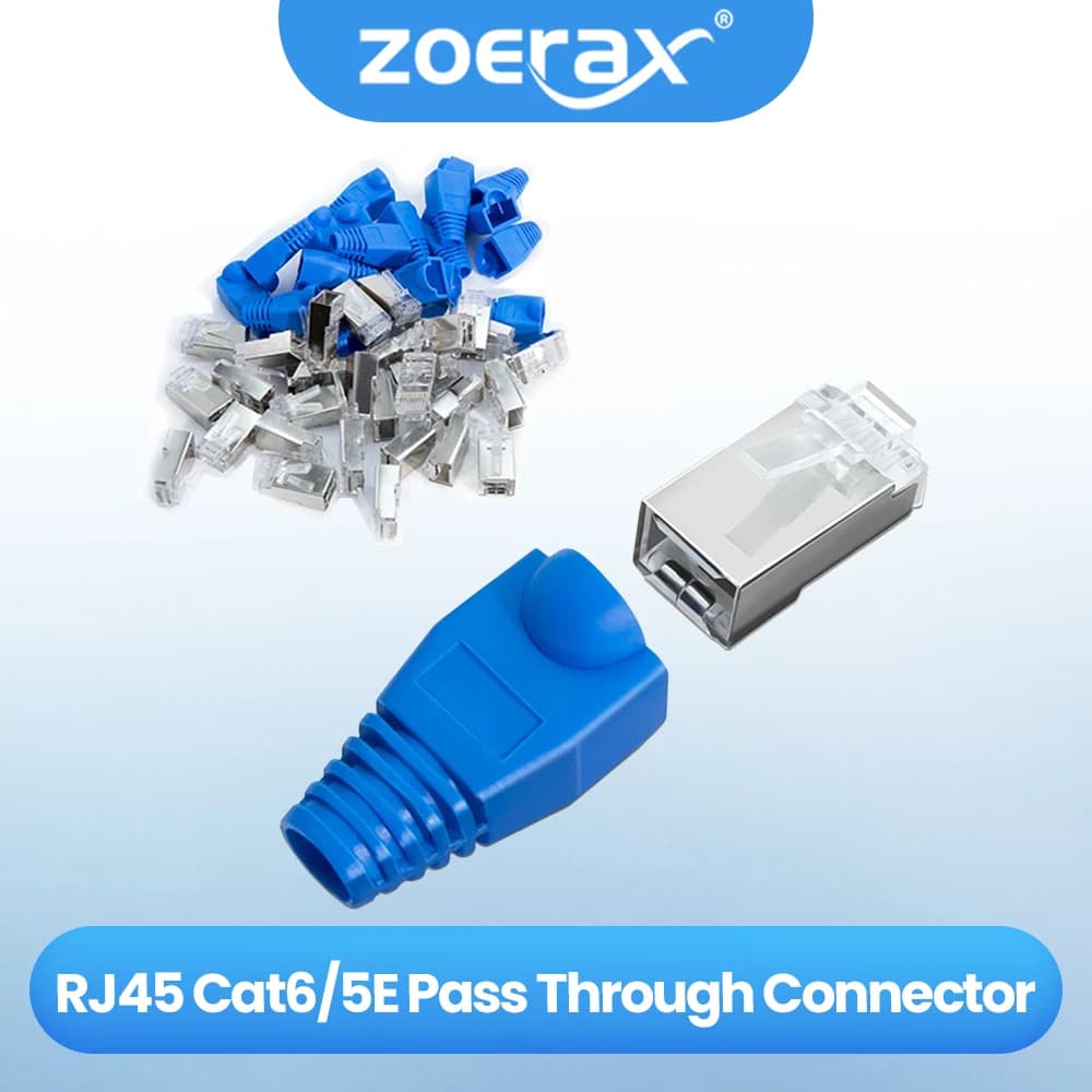 ZoeRax 50 PZ RJ45 Cat6 CAT5E Connettore passante schermato e stivali antistrappo Spina modulare RJ45 placcata in oro 8P8C