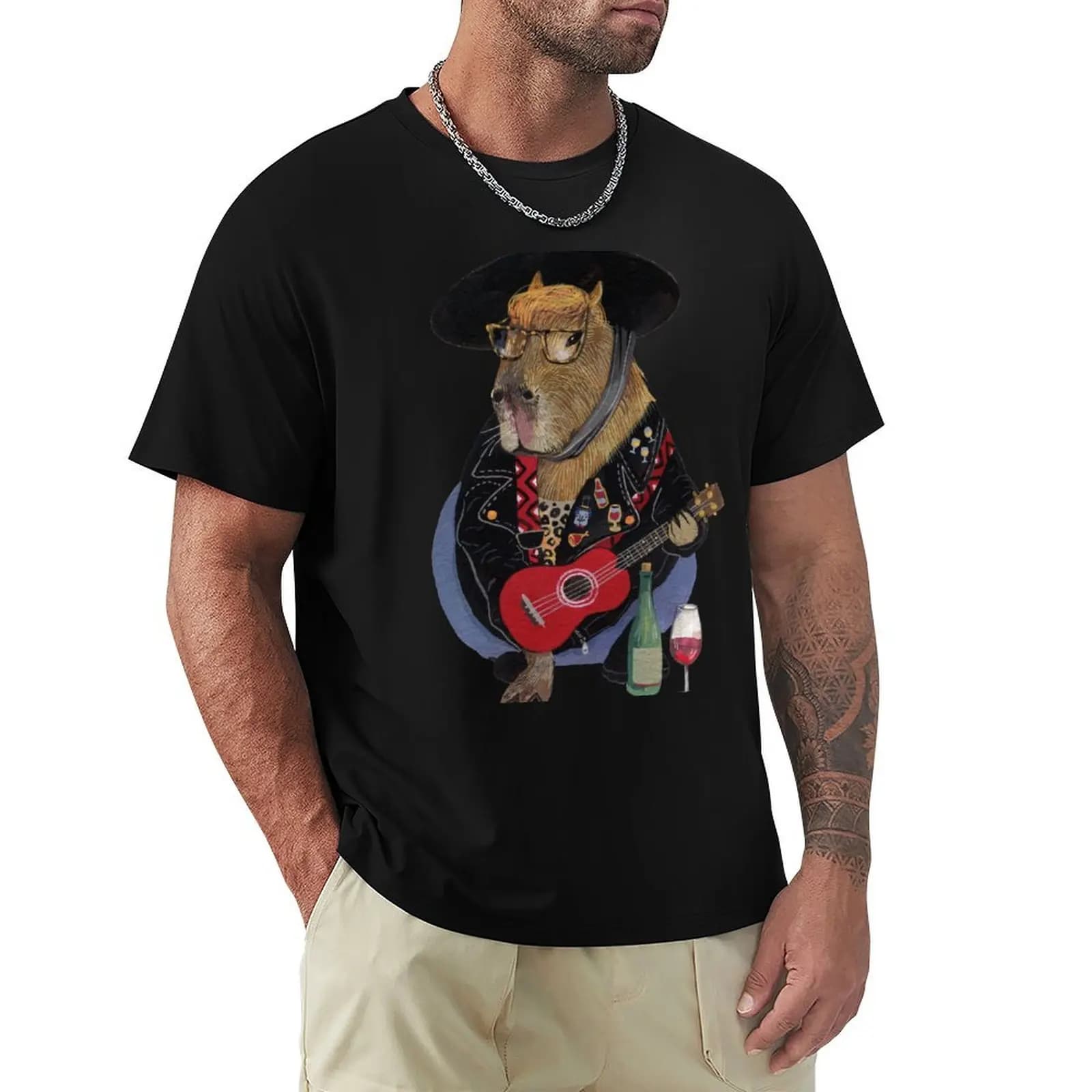 Capybara ukulele player wine lover T-Shirt Large Size Soft Cotton T-Shirt