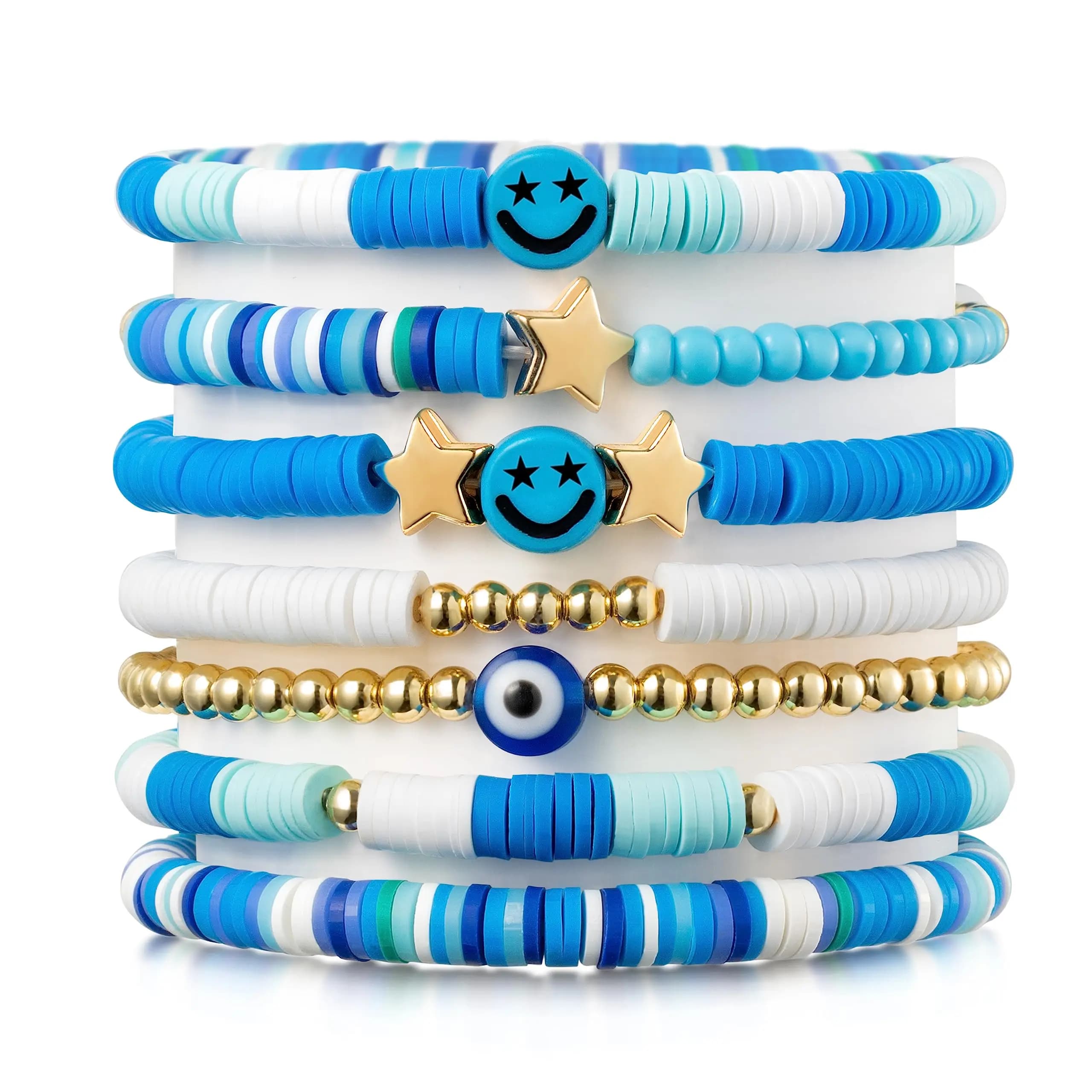 7Pcs Preppy Heishi Bracelets Kit Sky Blue Smile Evil Eye Star Beaded Surfer Bracelets Polymer Clay Pearl Stackable Disc Summer B