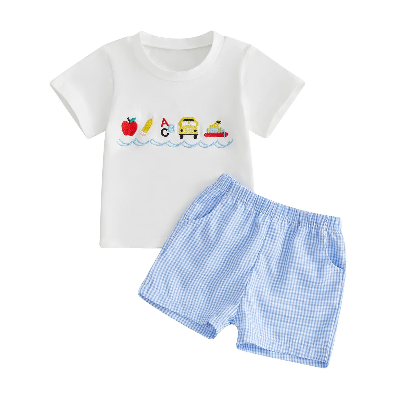 Toddler Boys Back to School Outfit Summer Fashionable Short Sleeve Apple Pencil Printed Tops with Plaid Shorts 2Pcs Set