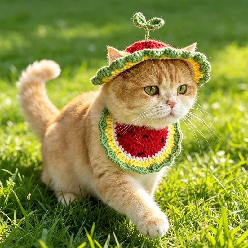 Kitty Neck Bibs Hats Set Pet Outfit Watermelon Hat Cat Knit Bib Dog Drool Towel Picture Taking Grooming Accessories Wholesale