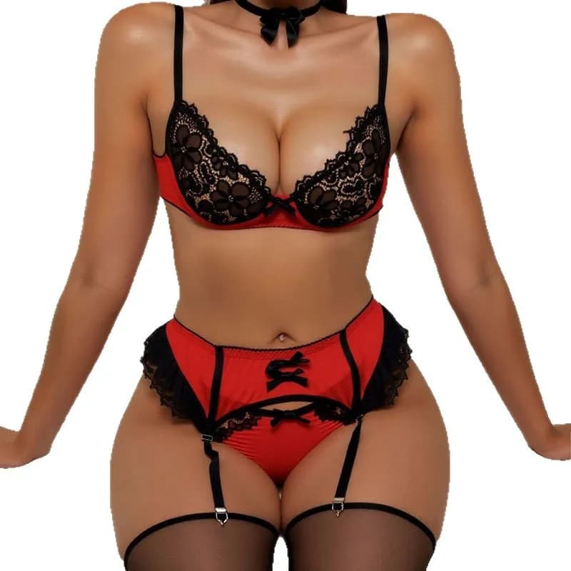 Cross-border explosion Spring Festival red sexy perspective mesh lace teasing flirting underwear pajamas three-piece women's