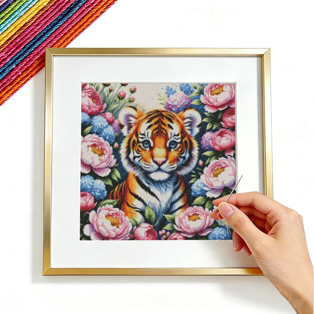 Kit per Ricamo a Punto Croce con Tigre e Fiore di Peonia, 11CT, Filo DMC, Decorazione da Parete per la Casa