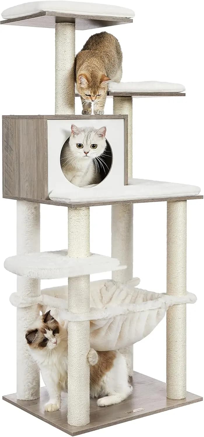 Albero per Gatti, Torre Moderna per Gatti da 143 cm, Cuccia Multilivello in Peluche con Tiragraffi, Amaca, Cuscino Lavabile, Colore Heather
