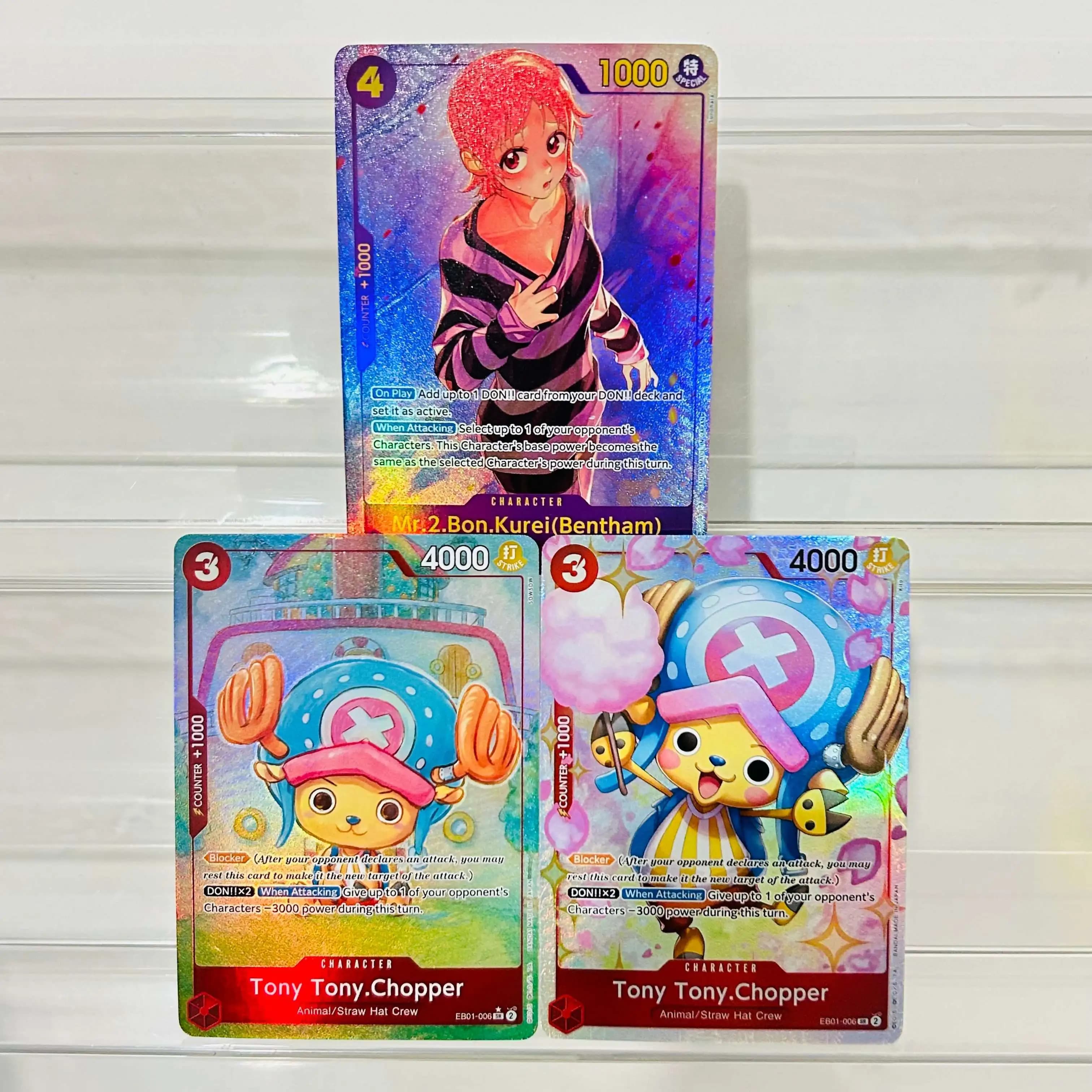 One Piece 3Pcs Mr.2 Bon Kurei Tony Tony Chopper Holographic Texture Cards Perfect Condition DIY Premium Anime Collection Card