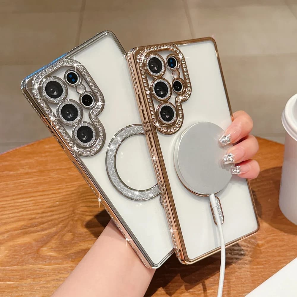 Luxury Bling Rhinestone Camera Clear Soft Phone Case For Samsung Galaxy S23 S24 FE S25 Ultra A56 A36 Magnetic Shiny Sequin Cover