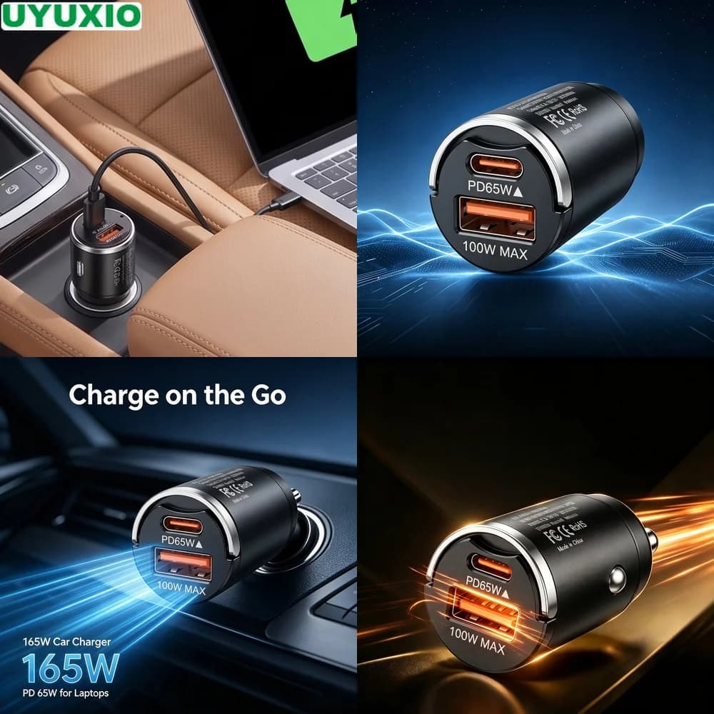 165W High Power Car Charger PD 65W Type C and 100W USB A Power Low Profile Zinc Alloy Design for Smartphones Tablets and Laptops