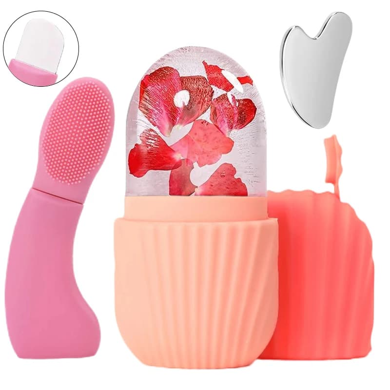 Face Massage Treatment Set - Silicone Cleaning Brush, Stainless Steel Heart Shape Coptic Tool, Mini Ice Face Roller