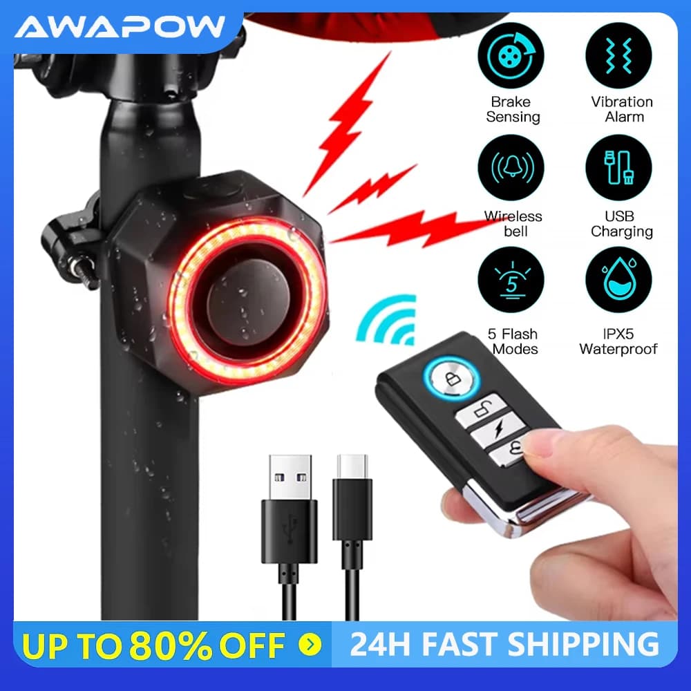 Awapow allarme per bicicletta fanale posteriore luce per bici antifurto ricarica USB Smart Auto Brake Sensing lampada per bicicletta intelligente antifurto impermeabile