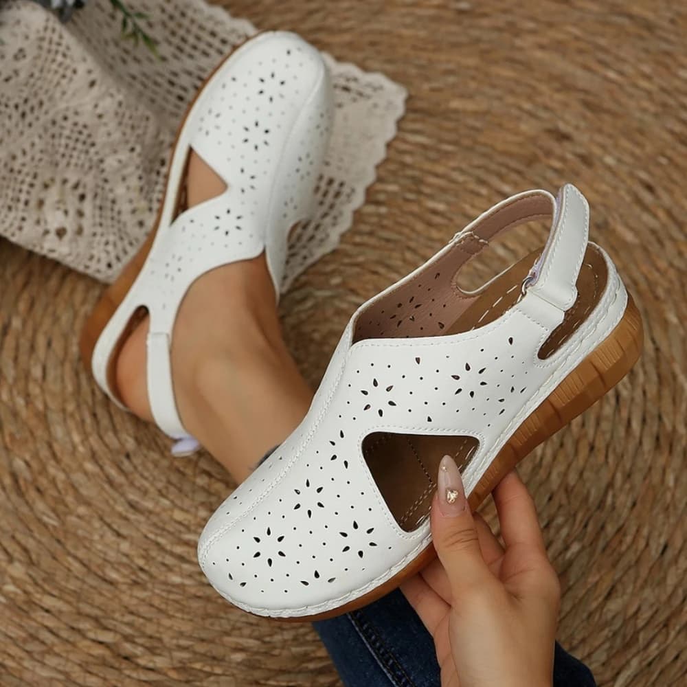 Casual Breathable Hollow Out Slip-On Roman Sandals with Magic Tape Fish Mouth Stitching PU Material Comfortable Heel Design