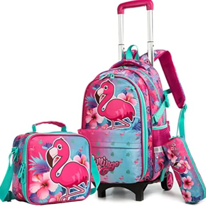 Rolling Backpack Lunch Bag and Pencil Case Set Kids Travel Luggage Elementary School Rolling Backpack with Wheels for Girls