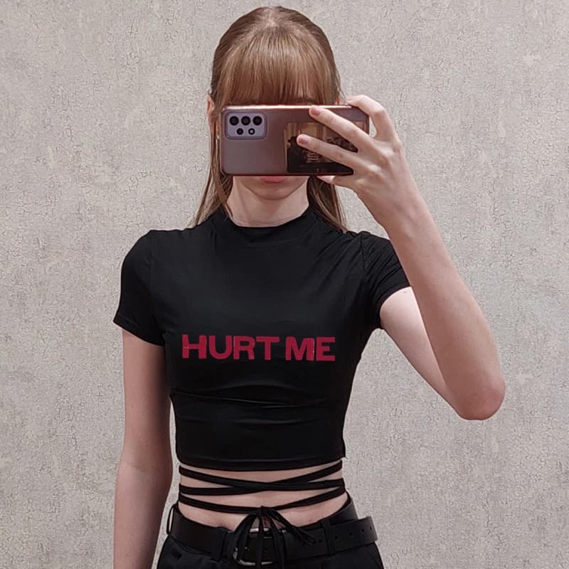 HURT ME Women Black Short Crop Bandage Tee top Summer Fashion Girls Sexy TShirt Casual manica corta camicia femminile Harajuku
