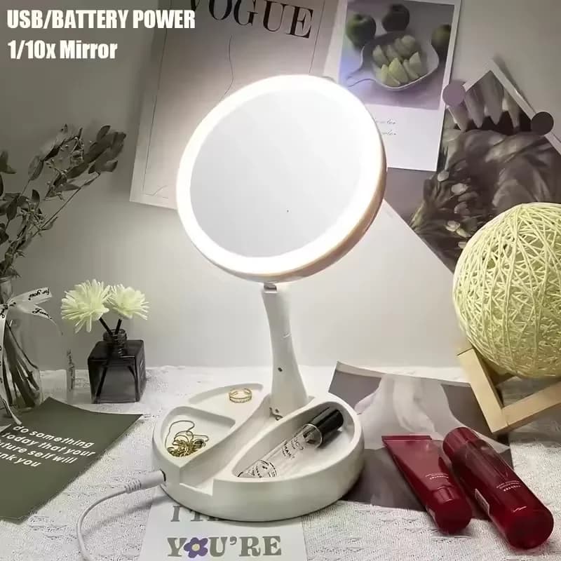Specchio Ingranditore 10x con Luce LED, Pieghevole e Flessibile, da Tavolo, per Trucco e Illuminazione