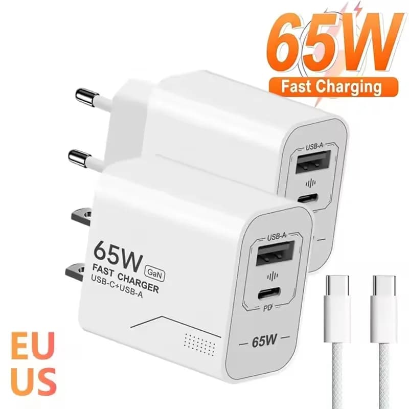 65W Charger USB C GaN 2-Port Fast Charging Phone Charger Power Adapter For Phone Type C Compatible EU/US Plug Wall Charger