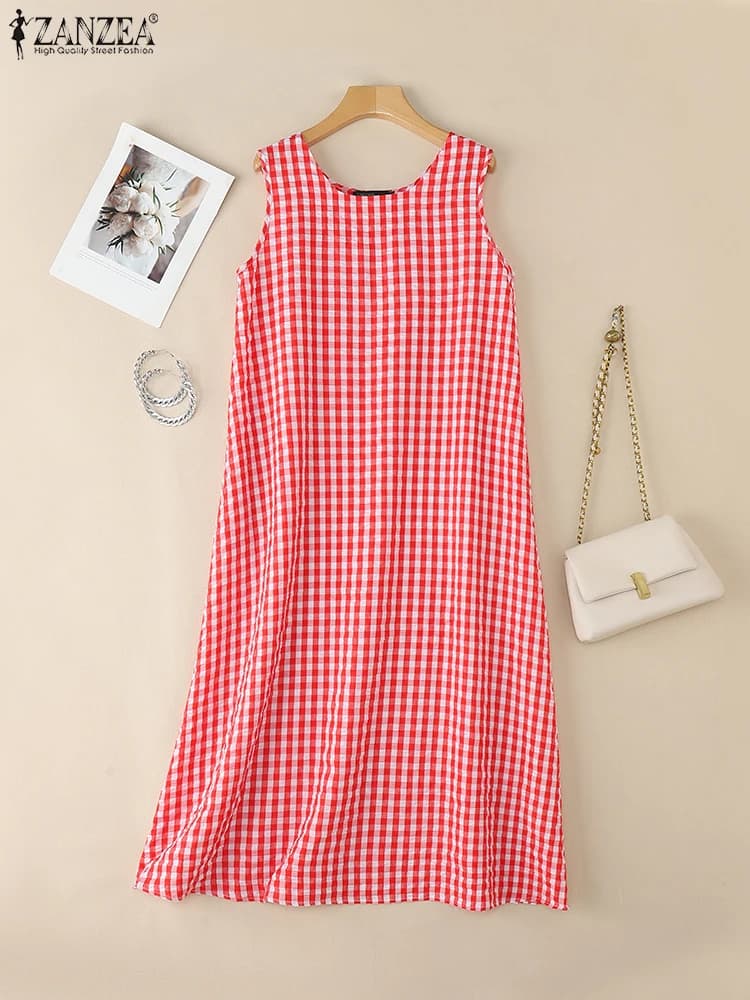 2025 ZANZEA Abito estivo Elegante collo quadrato senza maniche Vestito estivo da donna Abiti a quadri scozzesi Bohemain Abito da vacanza allentato Caftano