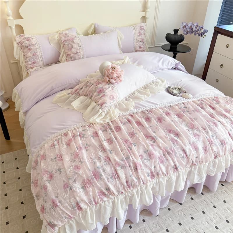 Set Copripiumino Stile Principessa con Ricami in Pizzo per Ragazze, Misura Queen/King, Morbido Copripiumino Rosa con Volant