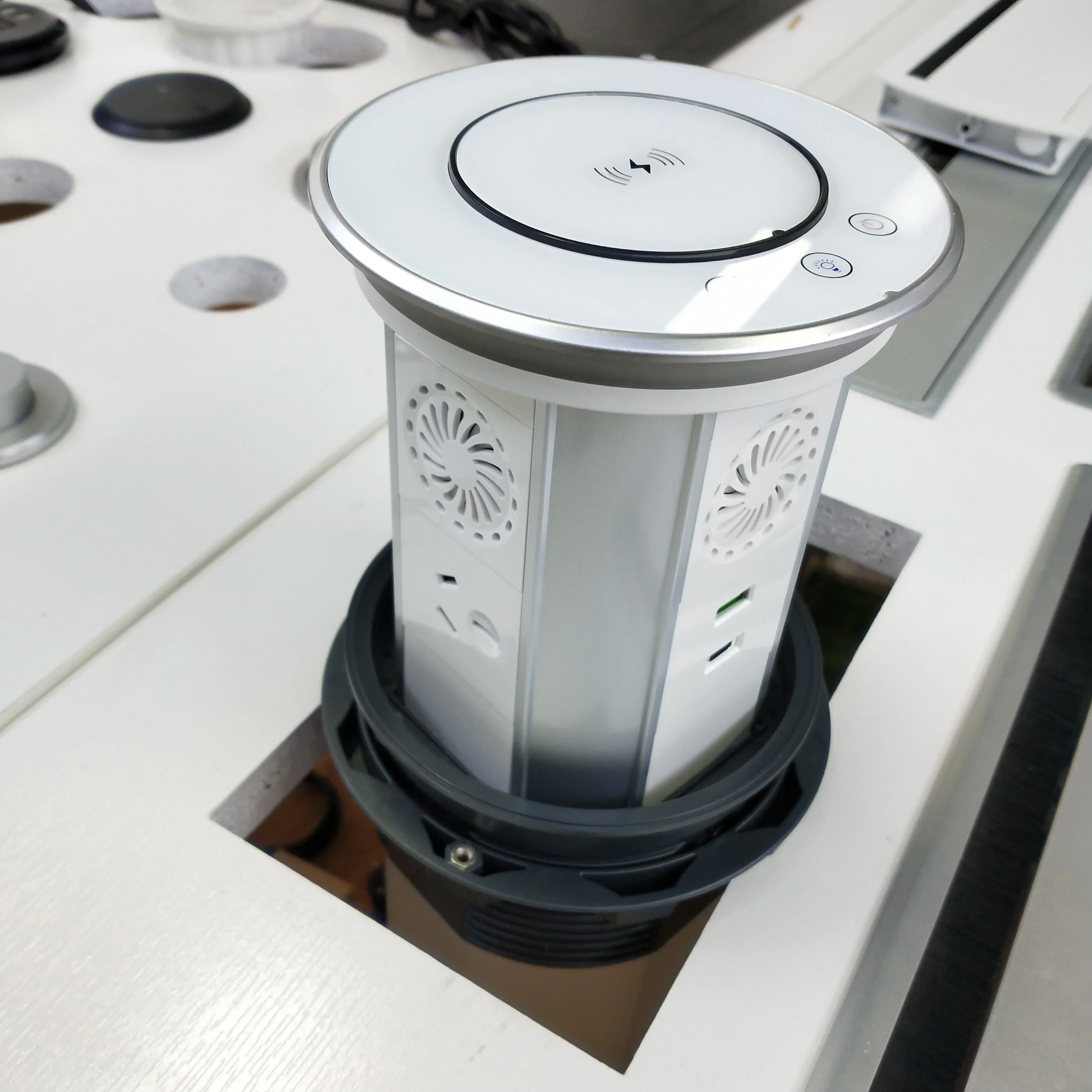 Standard Power Spin AU IP65 Kitchen Worktop Smart Wifi Lift Motorized pop-up speaker Lift USB-C tower with wireless charger