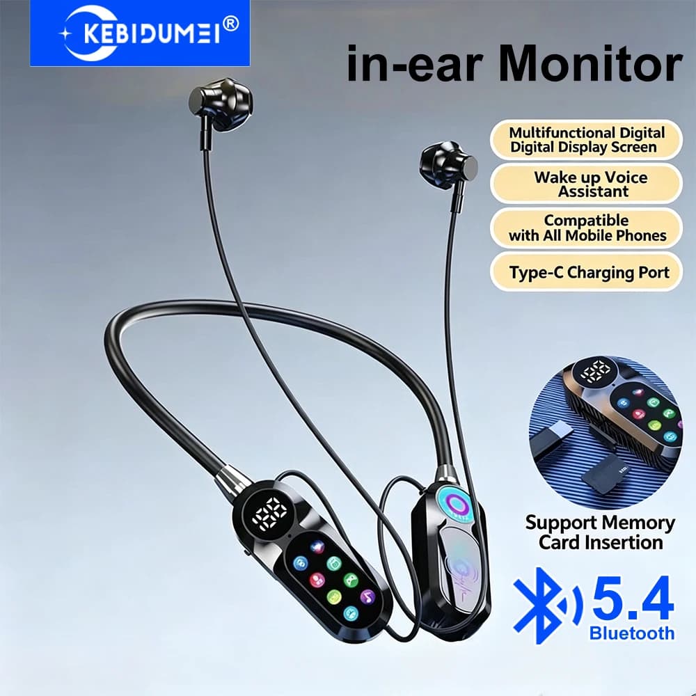 KEBIDUMEI Auricolari con fascia da collo, schermo HD, Bluetooth 5.4, cuffie sportive wireless, monitor in-ear, supporto per riproduzione TF