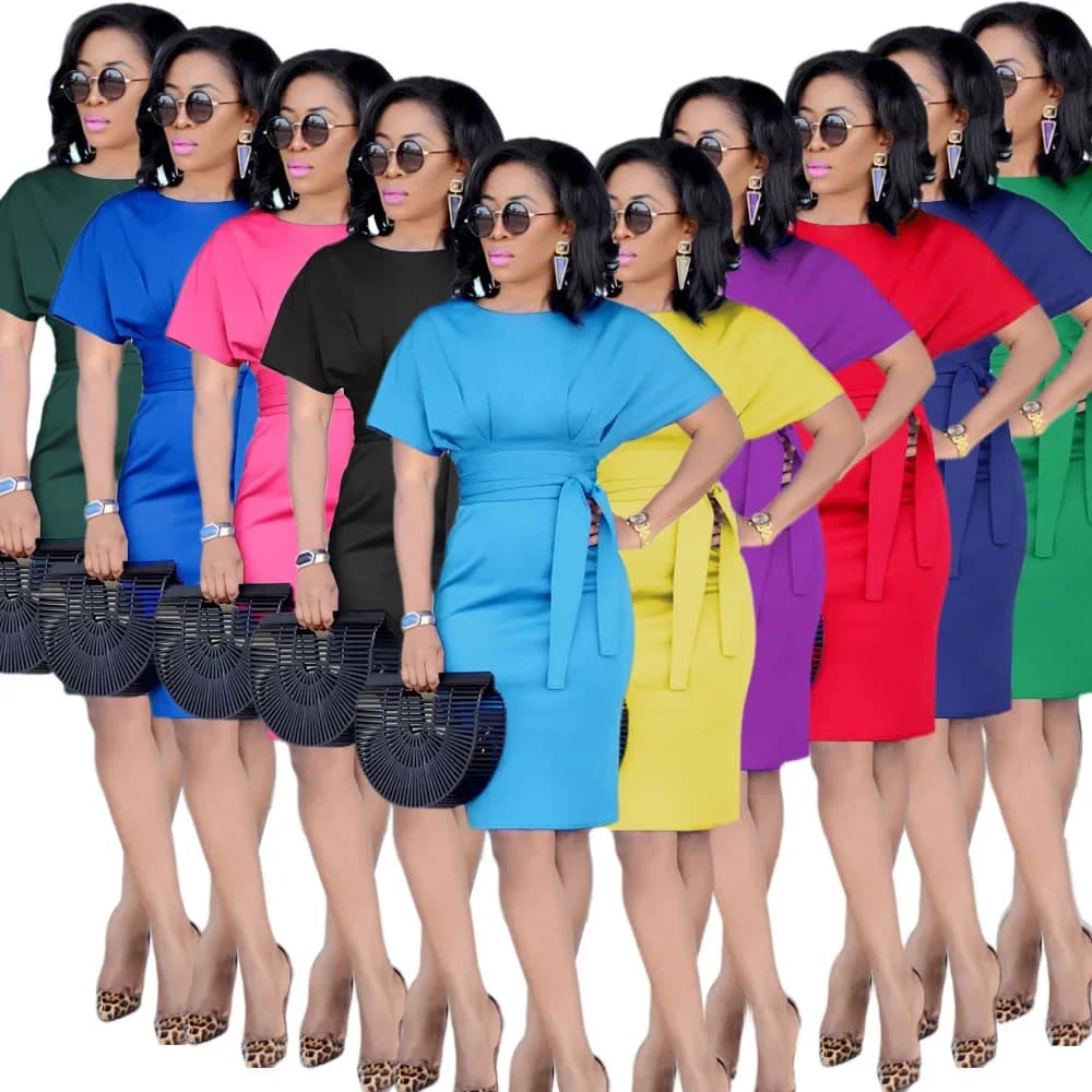 Elegant Longuette Dress Pencil Women's Dress Short Sleeved Party Cocktail Dress with Belt