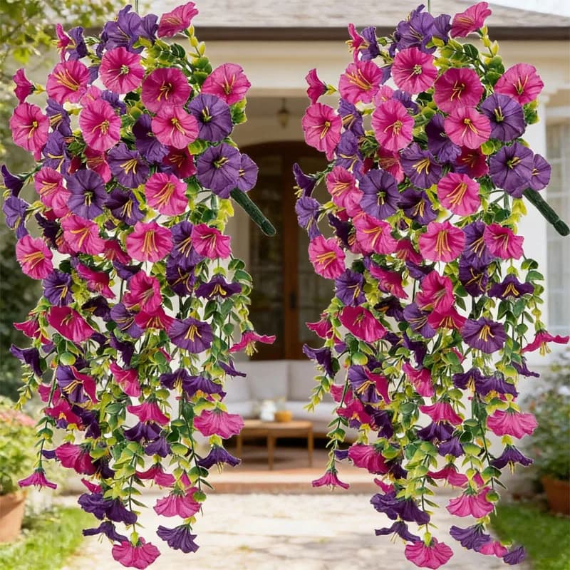 Artificial Silk Pendants, Impatiens Plants UV Rare Resistant, Realistic Fin Flowers for Portico and Patio Decoration, Morning Globe