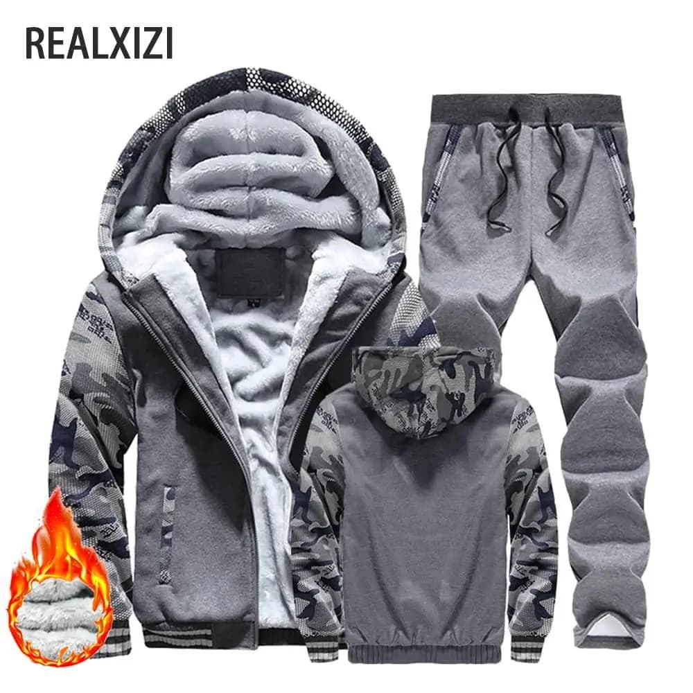 Set di tute invernali da uomo giacca calda spessa cerniera felpa con cappuccio cappotto + pantaloni abbigliamento sportivo di marca capispalla in pile casual felpa con cappuccio