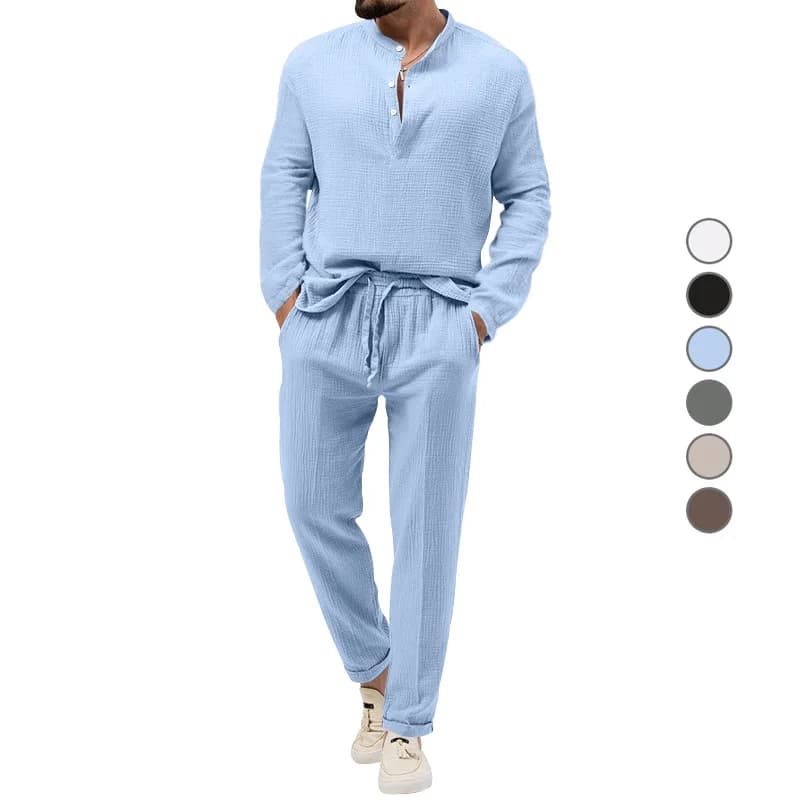 Set di t-shirt a maniche lunghe e pantaloni, abbigliamento sportivo casual, colore unico, misto cotone e poliestere, collezione autunnale, abbigliamento da uomo