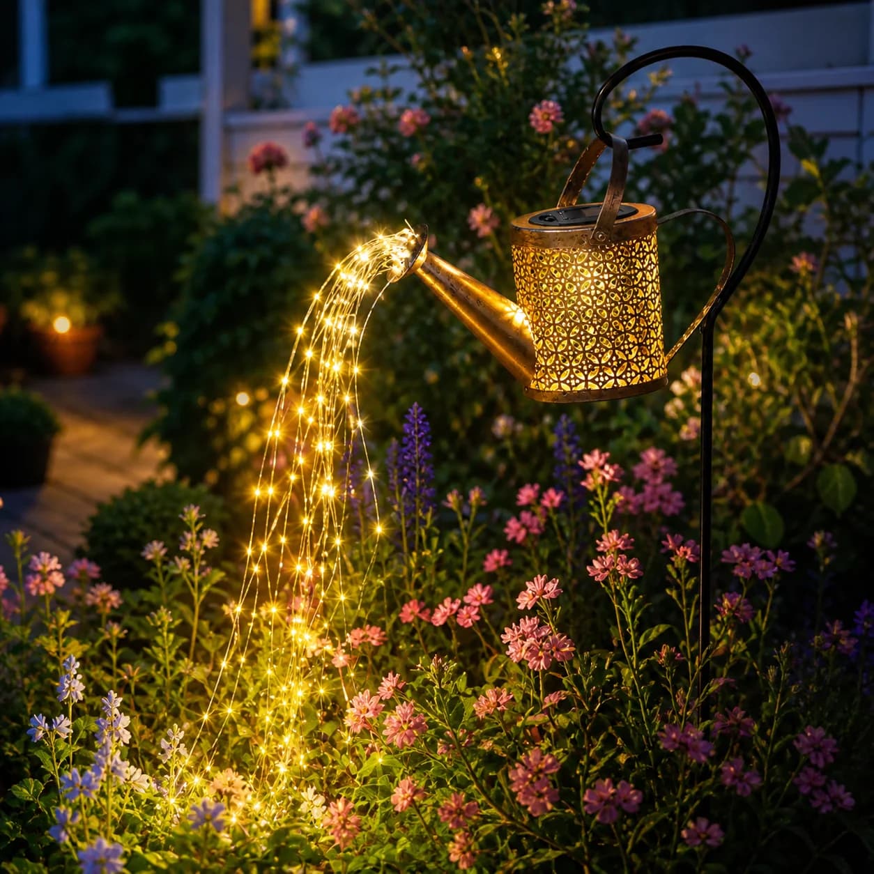 1 bollitore per irrigazione ad energia solare con luce, luce da giardino ad energia solare per esterni, decorazione impermeabile da giardino ad energia solare