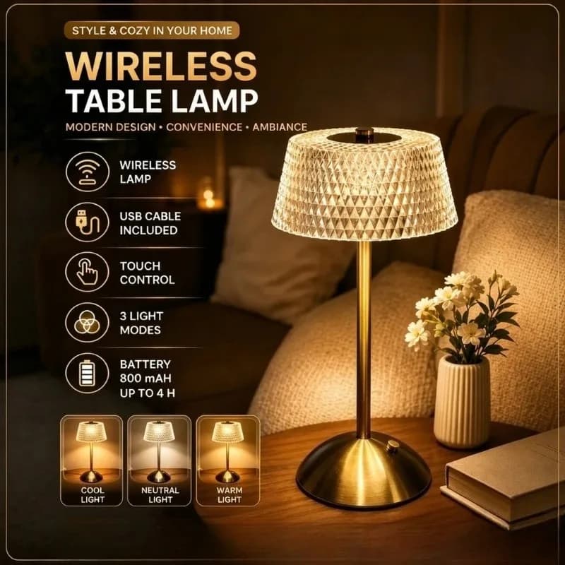 Eye Protection LED Table Lamp, Retro Diamond Glass USB Rechargeable, for Bar Bedroom Hotel Office Wedding Cafe Home Decor