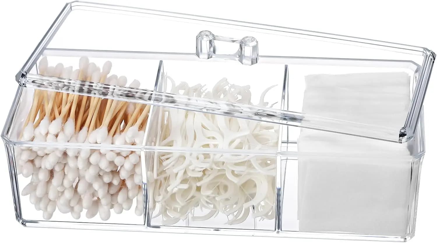 Organizer Trasparente in Acrilico con Coperchio per Cotone Idrofilo, Tamponi e Dischetti Struccanti - 3 Scomparti per Bagno o Scrivania