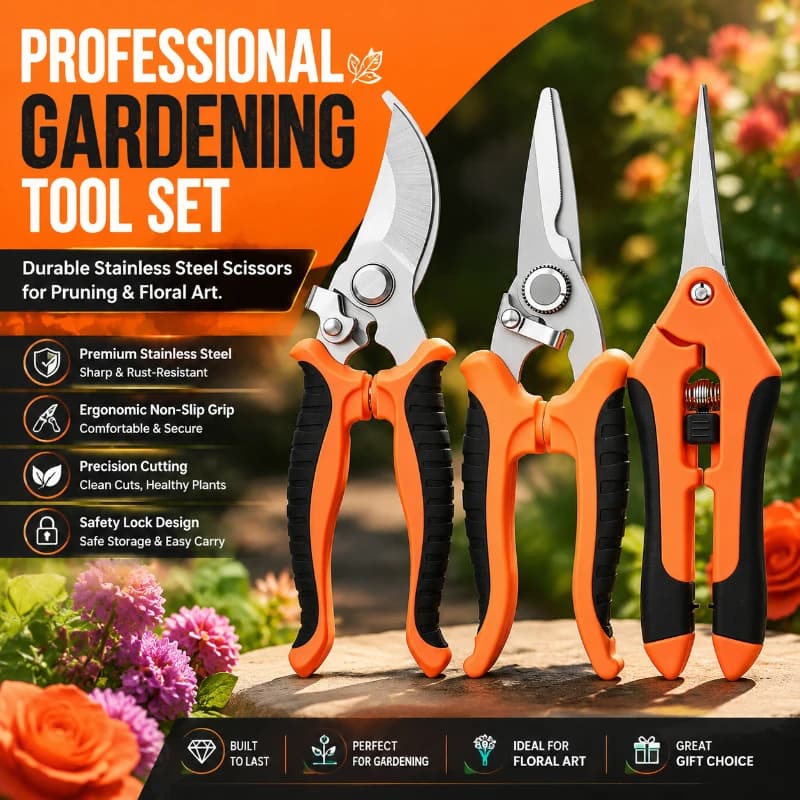 3Pcs Garden Pruning Shears Set Stainless Steel Heavy Duty Pruner Scissors for Plant Flower Fruit Tree Trimming