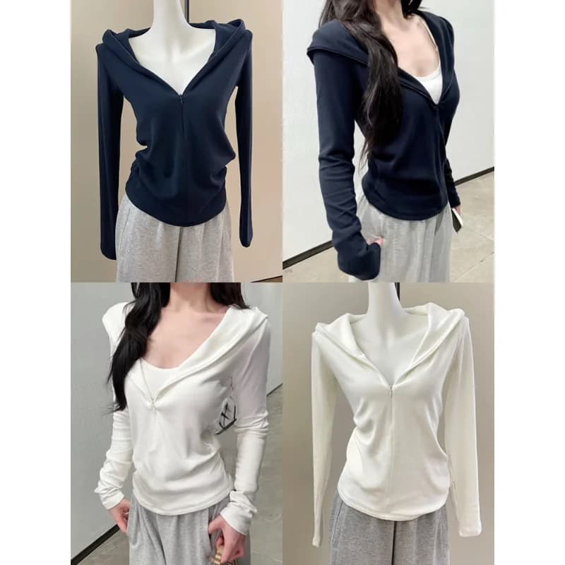 Elegant Style Zipper Half Open Collar Long Sleeve Women's T-shirt Slim Fit Hoodie Base Shirt White Color New Autumn Fashion