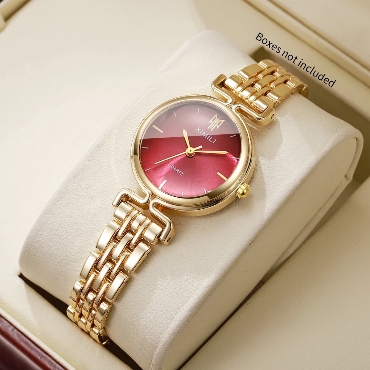 Elegant Gold Women Watch Red Dial Stainless Steel Bracelet Band Minimalist Ladies Quartz Wristwatch Relogio Feminino（Without Box