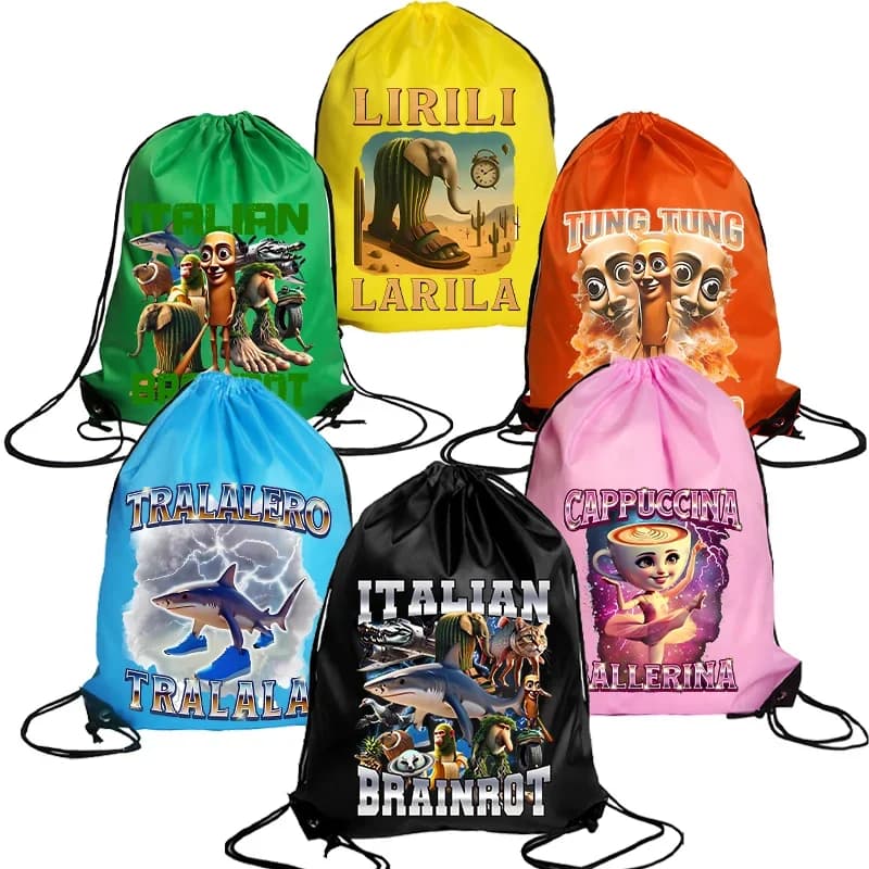 Borsa con coulisse Brainrot italiano Zaino Cartoon Tung Tungtung Sahur Telala Divertente squalo Stampa Borse portaoggetti Tasca Regalo per bambini