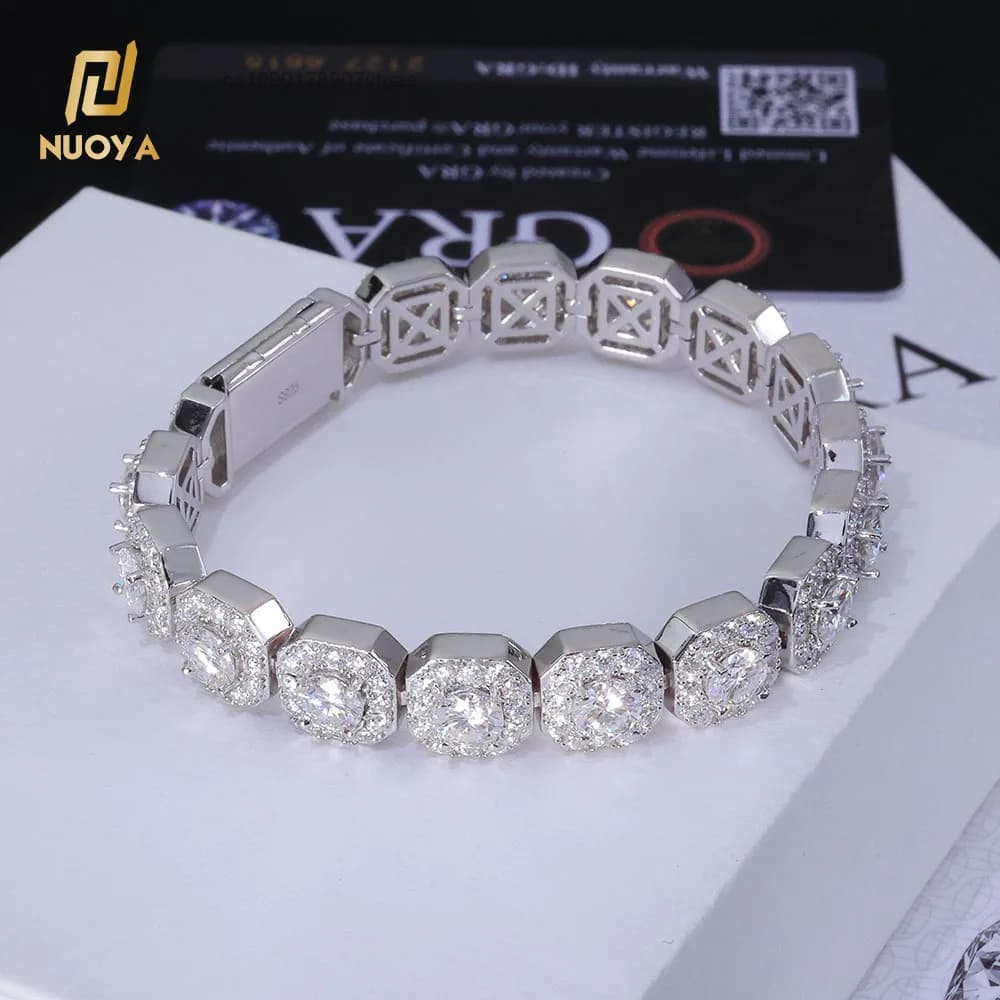 10mm NUOYA 12mm Iced Out VVS Moissanite Tennis Chain 925 Sterling Silver Clustered Tennis Chain Hip Hop Necklace for Men Women.