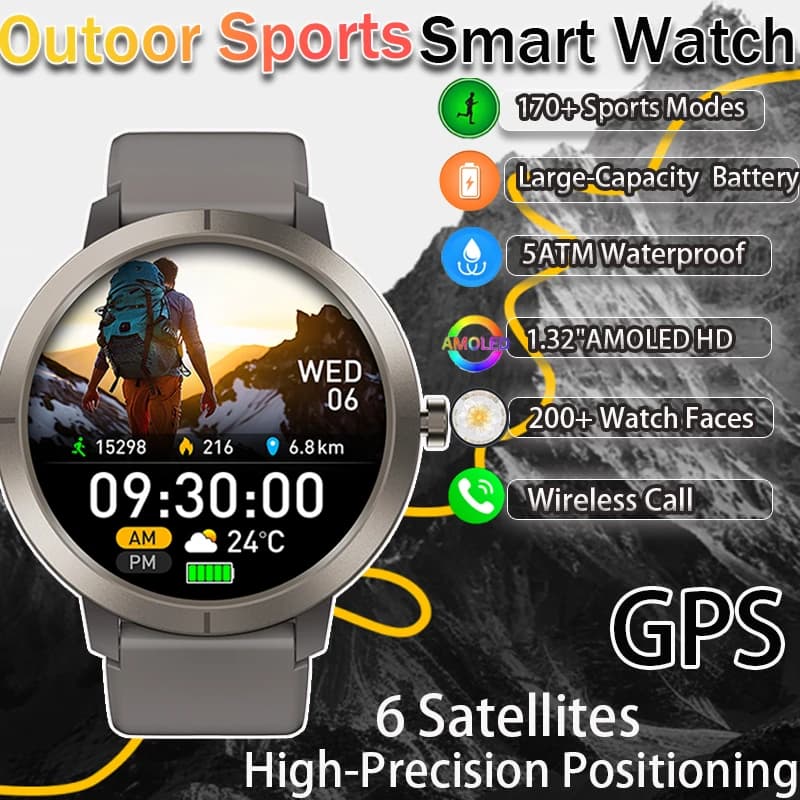 Smartwatch GPS 2026 with AMOLED 1.32 HD Display, BT Calls, Waterproof 5ATM, 170 Sports Modes, Large 360mAh Battery, Replaceable Strap