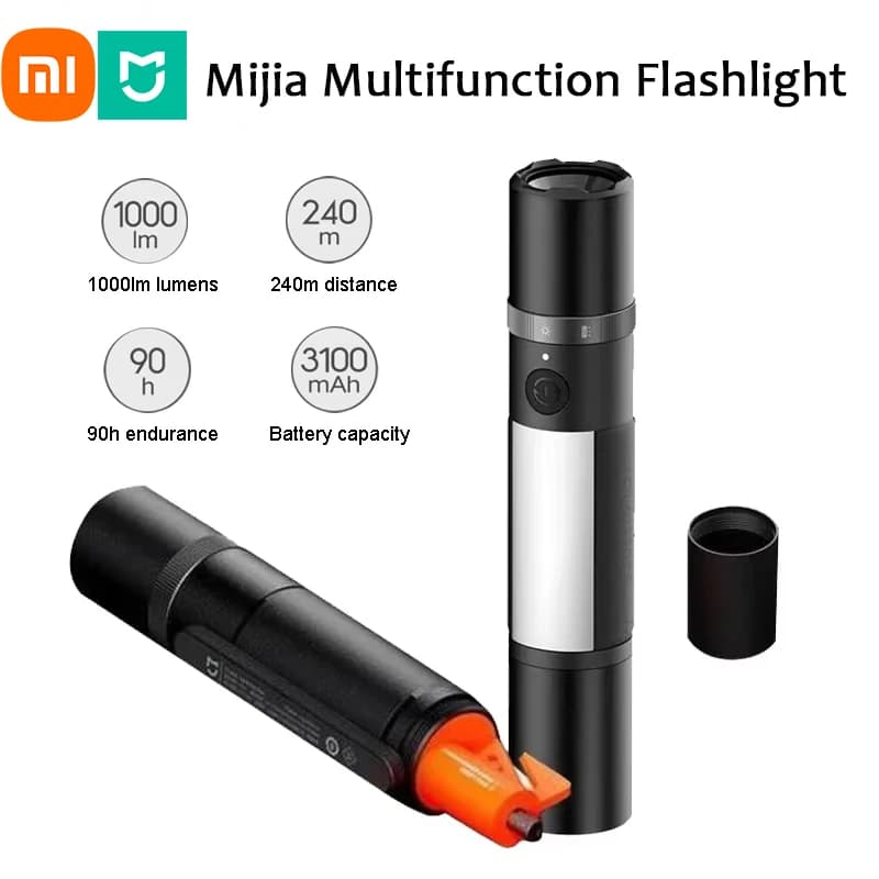 Xiaomi Mijia 3100mAh Multifunction LED Flashlight Zoomable Emergency Light Ultra Bright Window Switch Safety Belt Car