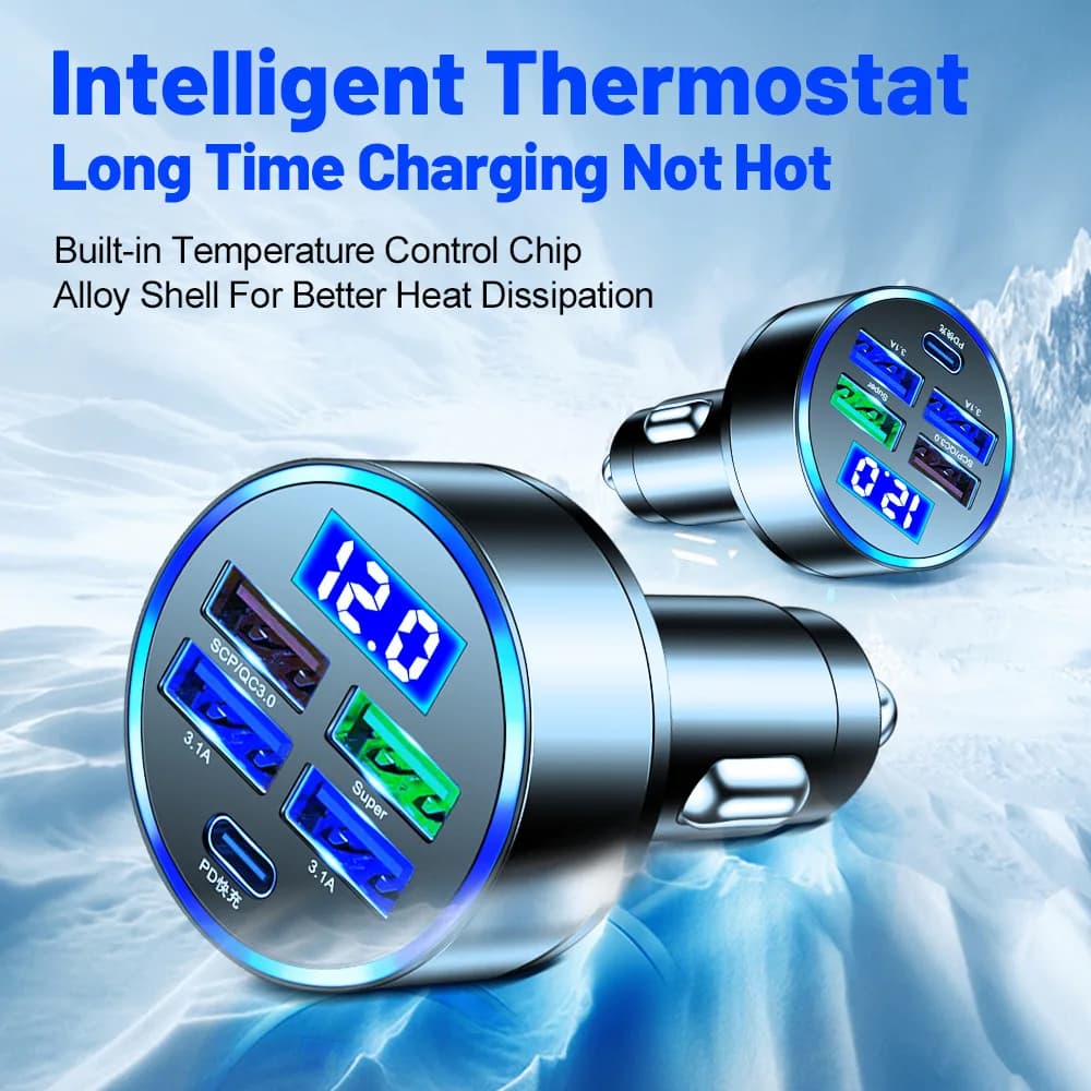 Car Charger 5 Ports Fast Charge PD QC30 USB C 250W LED Car Phone Charger Type C Adapter for Iphone Samsung Huawei Xiaomi