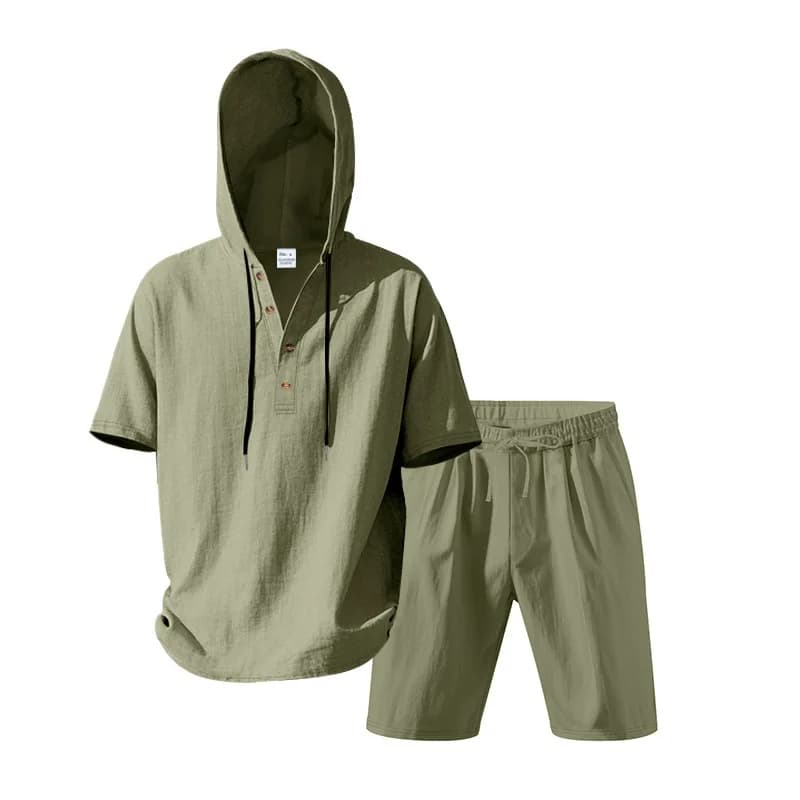 Men's suit in linen spring/summer 2026, casual, two pieces, with hood, short sleeves, wide and breathable fit