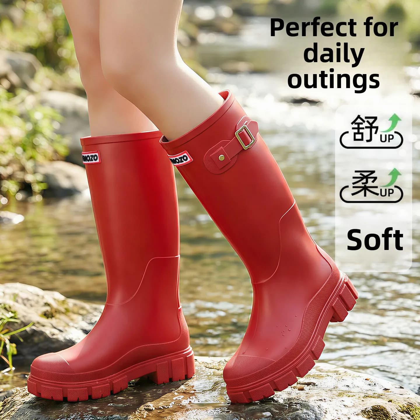 High-Top Waterproof Anti-Slip Thick-Heeled Rain Boots Women's Outdoor Hiking Shoes Red Rain Boots Sweet Style PVC Material