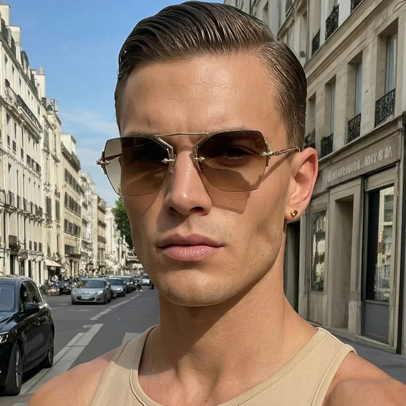 1PC Men’s Sunglasses Unique Frameless Design Double-Bar Metal Accents Retro Style High-Quality Finish Perfect for Daily Out