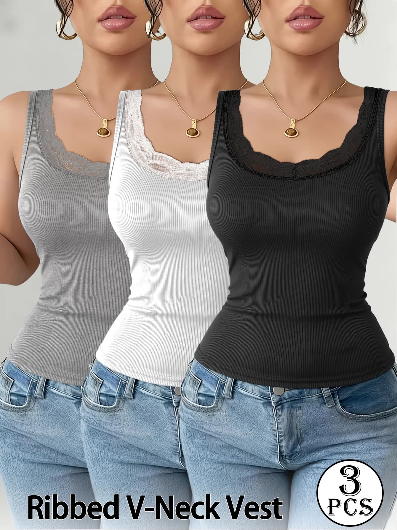 3-Pack Women's U-Neck Casual Sports Vests, Ribbed Slim Undershirts, Versatile Sleeveless Inner Tops