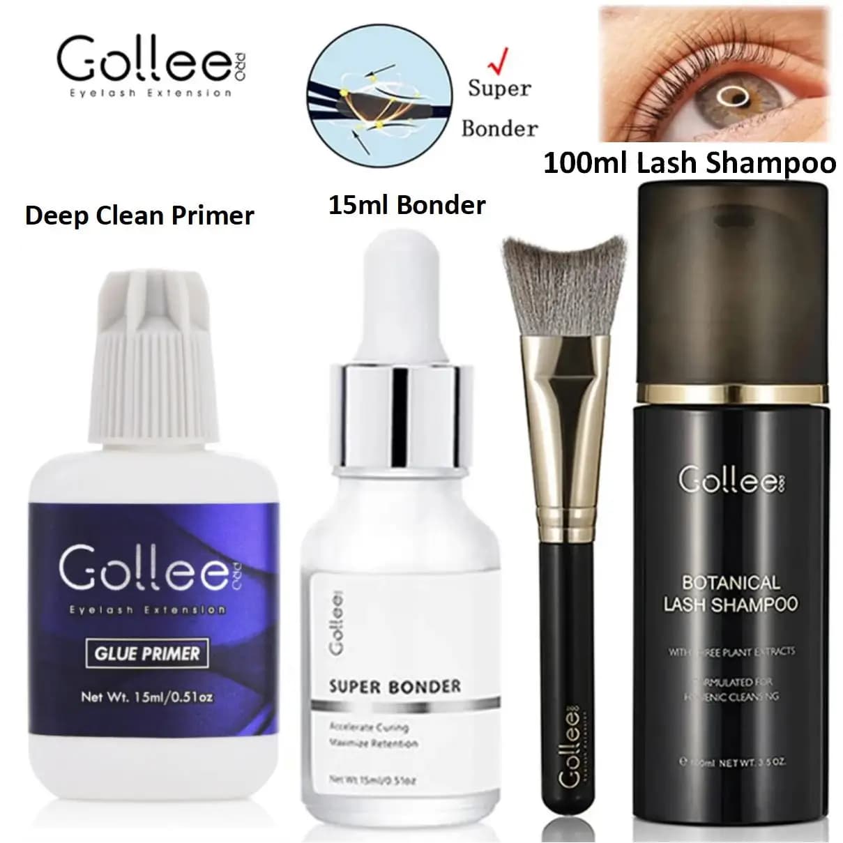 Gollee Detergente in schiuma per ciglia 100ml per cosmetici puliti con pennello morbido Super Bonder Soluzione per la pulizia degli occhi Shampoo Trucco Pulizia profonda
