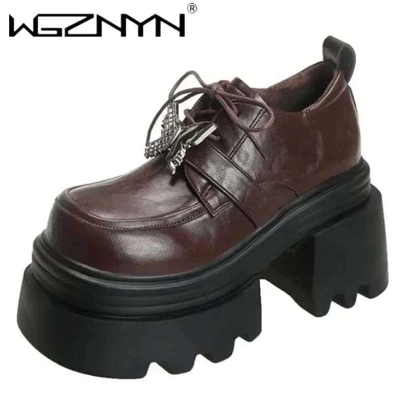 Scarpe con plateau di marca di moda da donna in vera pelle PU 2026 nuovo autunno tacco alto tacco spesso scarpe singole stringate per sneakers da donna