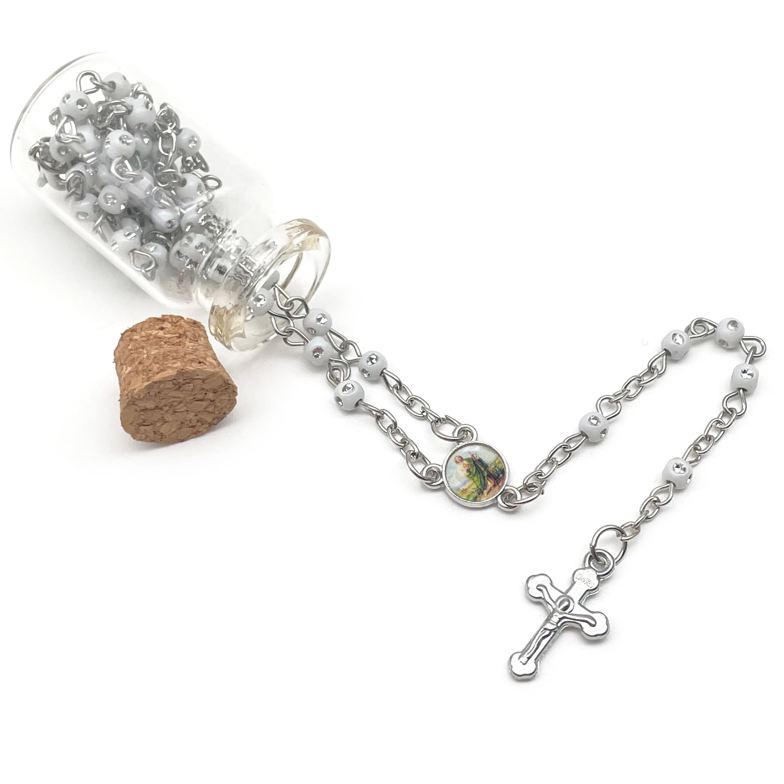 12pcs ROSARY BOTTLE WHITE SLIVER SAN JUDAS BAPTISM COMMUNION RECUERDOS DE BAUTIZO, CHRISTENING.