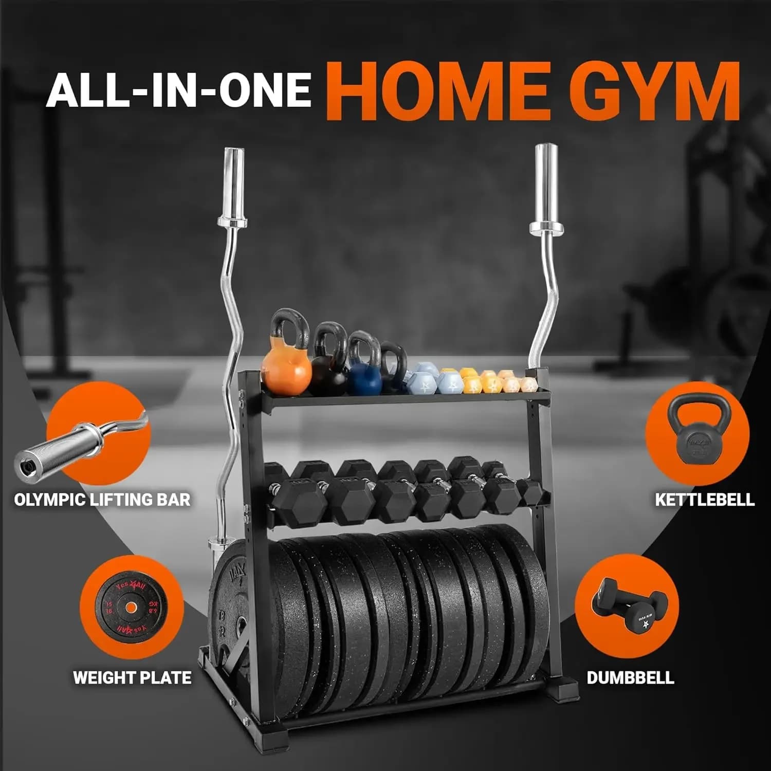 6 clamps and 4 brackets for barbells charge up to 1190 pounds - Support for shaft and barbell with wall mounted weight plate