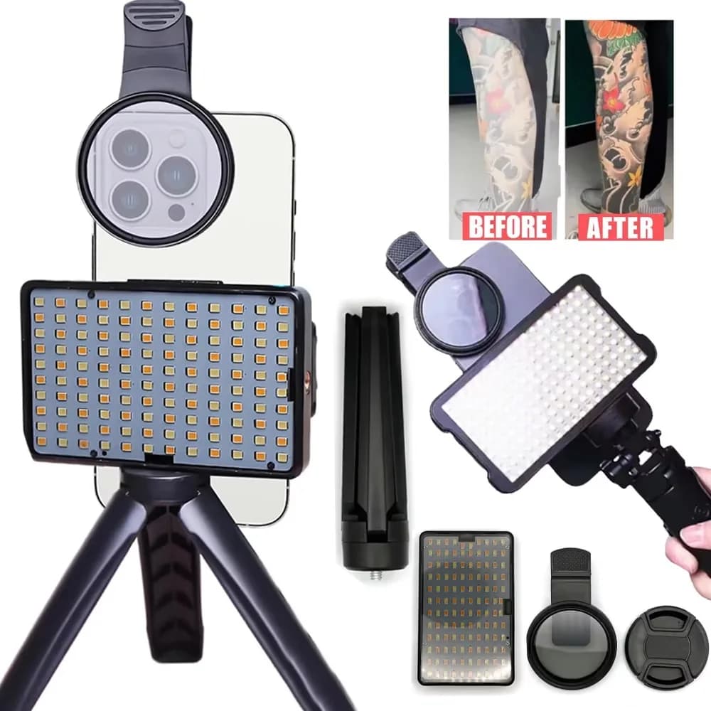 120 LED riducono la luce di riempimento riflettente dei tatuaggi con l'obiettivo del cellulare Cpl da 52 mm, filtro polarizzante circolare, luce per fotografia del tatuaggio
