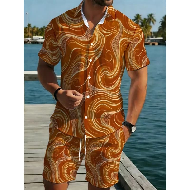 Men's Polyester Orange Swirl Pattern Shirt Shorts Set Casual Beach Vacation Outdoor Summer Outfit