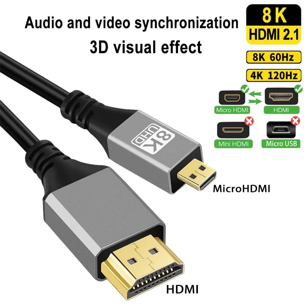 Cavo micro HDMI da 1 m 2 m 3 m compatibile 8K a 60 Hz 4K a 120 Hz Cavo compatibile da 3D a HDMI maschio a maschio per proiettore fotocamera GoPro Sony